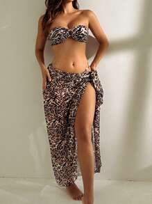 SHEIN Swim Summer 3pcs Set Fashionable Leopard Pattern Women Bikini Set With Metal Ring Decorated Bikini With Beach Mesh Printed Coverup