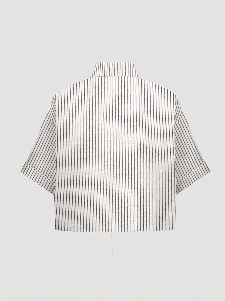 Elamini Striped Cropped Fashionable Loose Casual Turnup Sleeve Women Short Sleeve Shirt - Black and White - View 2