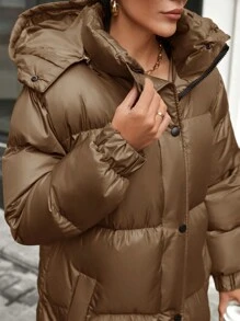 EURMUSE Maxi Length Warm Feel Two Side Pocket Front Button And Zip Up Long Padded Oversized Winter Coat With Hoodie - Beige - View 3