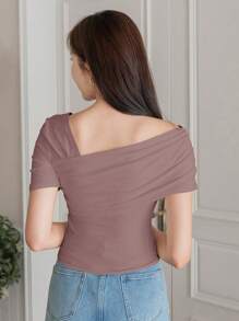 DAZY Áo thun nữ tay ngắn cổ tròn màu trơn đơn giản, mùa hè - Bụi hồng - Xem 2