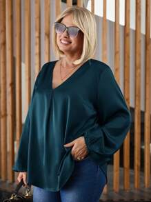 EMERY ROSE Plus Size Women's Solid Color V-Neck Lantern Sleeve Loose Blouse