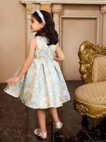 SHEIN Young Girl Eid Mubarak Gorgeous Light Blue Jacquard Sleeveless Round Neck Princess Mini Dress, Suitable For Performance, Wedding, Seasonal, Party & Birthday, For Summer Wear - Blue - View 2