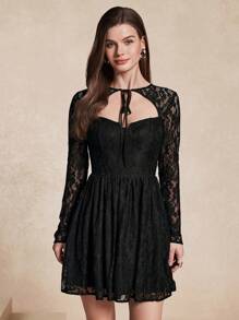 SHEIN Unity Women's Elegant Lace Hollow Out Dress Fall Cloth For Women - Black - View 4