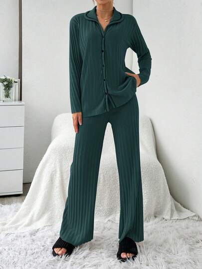 RueChic Long Sleeve Contrast Stitching Ribbed Pajama Set Cardigan view 6
