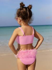 SHEIN Young Girl Solid Color Bow Decor Mesh Patchwork Ruffle Trim Adorable Swimwear Set - Baby Pink - View 5