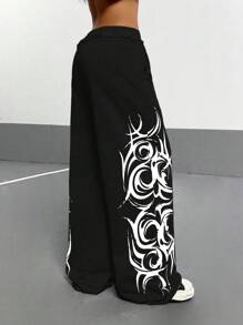 StreetHx Women Gothic Graffiti Floral Print Loose Straight Leg Casual Sweatpants Graduation,Back To School Outfits,Graduation,Teacher Outfits For Women,Back To School