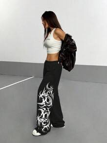 StreetHx Women Gothic Graffiti Floral Print Loose Straight Leg Casual Sweatpants Graduation,Back To School Outfits,Graduation,Teacher Outfits For Women,Back To School