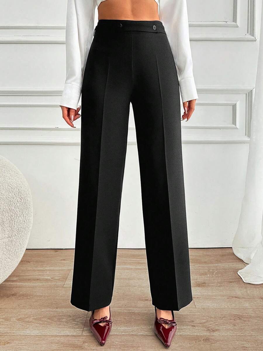 RueChic Women Solid Color Mid Waist Straight Pants
