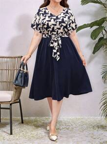 EMERY ROSE Plus Size Casual Commuter Floral Print Patchwork Batwing Sleeve Dress, Wiosenne Stroje Dla Kobiet, Tropikalne Wakacje Kobieta Na Lato