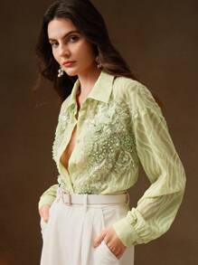 Anewsta Blusa transparente de manga larga, estilo casual, con bordados y cuentas florales, en estilo retro francés, como un conjunto de Año Nuevo