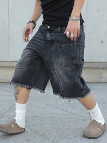 PAVTROS 男式前扣口袋磨边简约休闲黑色牛仔短裤 - 黑色 - 查看 5