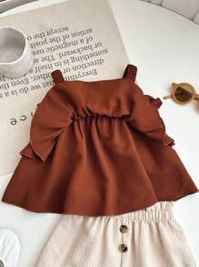 SHEIN LMoss Kids Baby Girl Cute Summer Vacation Ruffle Strap Top And Shorts Set - Brown - View 3