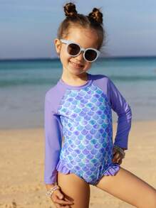 Traje de baño de una pieza con mangas largas con volantes y estampado de escamas de sirena para niñas, para playa de verano - Multicolor - Ver 5