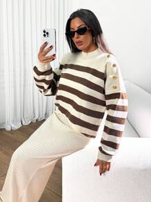 RueChic Women Stripe Pattern Button Detailed Drop Shoulder Pullover & Sweater Dress Set - Beige - View 5