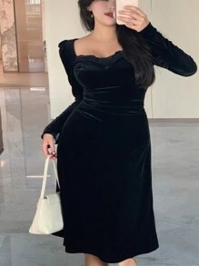 Dazy Plus Contrast Lace Fitted Long Sleeve Mid-Length Dress, Spring/Summer/Autumn - Black - View 9