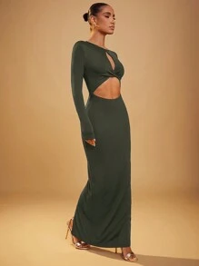 Hauture Women Clothing, Winter Women Clothes, Elegant Front Twist Cut Out Padded Shoulder Long Sleeves Coffee Brown Fitted Maxi Dress. For Date Night, Concerts, Performances, Parties, Clubs