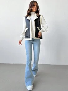 Firerie Elegant & Fashionable Versatile Black Warm Sherpa Fleece Sleeveless PU Vest, Autumn/Winter,Fall And Winter,Casual,Black And White,PU, - Black - View 8