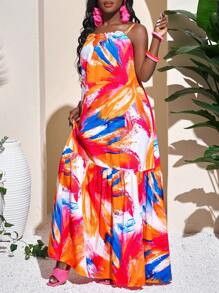 Slaydiva 女式无袖 A 字形连衣裙，全身印花，轻盈夏季海滩/度假连衣裙 - 彩色 - 查看 4