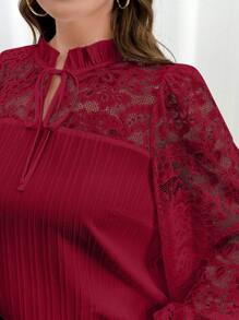 SHEIN Clasi Plus Size Solid Color Front Tie Long Sleeve Simple Casual Shirt, Everyday Wear - Burgundy - View 4