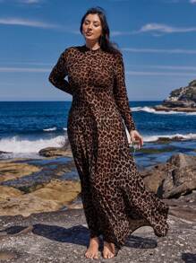 SHEIN VCAY Plus Size Modieuze Luipaard Print Getailleerde Jurk