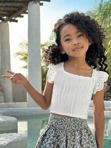 Young Girl Textured Material Patchwork Vacation Stylish Camisole Top - White - View 1