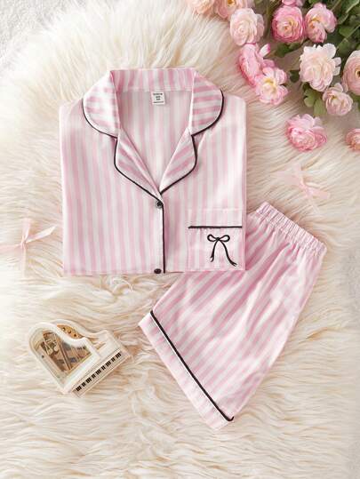 Elladie kids Tween Girl Classic Striped Satin-Like Shirt With Buttons, Embroidered Bowknot Pocket Short Sleeve Top And Striped Black Trimmed Shorts 2 Pieces Pajama Set,Summer,Travel