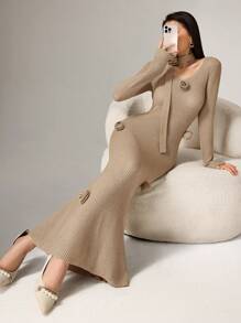 Modelyn 女士针织毛衣裙，休闲时尚，适合日常穿着 - 杏色 - 查看 2