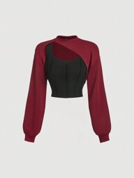 SHEIN MOD 2 ชิ้น ชุดเสื้อสเวตเตอร์ผู้หญิงอสมมาตรสีเทาอเนกประสงค์สำหรับฤดูใบไม้ร่วง/ฤดูหนาว