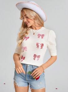 SHEIN LUNE Áo len ngày lễ tình nhân kiểu phương Tây dành cho nữ, áo len ngày lễ tình nhân mùa xuân, áo len trắng lãng mạn, tay bồng, đính sequin hồng và nơ, dành cho ngày lễ tình nhân - trắng - Xem 4