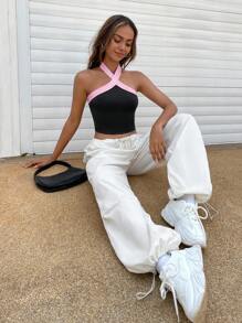 Muchica Women's Contrast Color Patchwork Halter Neck Casual Top, Everyday Wear - Multicolor - View 7