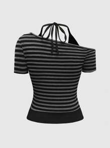 ROMWE Grunge Punk Conjunto de 2 piezas con estilo Y2K sexy para mujer - Blusa con tirantes finos, a rayas, de colores contrastantes, con nudo y espalda descubierta