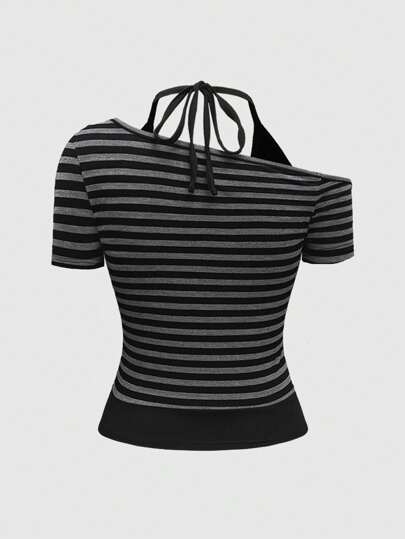Grunge Punk Top style Y2K sexy 2 en 1 pour femmes, débardeur à fines bretelles avec rayures et nœud papillon au dos contrastant