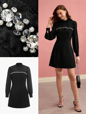 MOTF PREMIUM RHINESTONE DETAIL RUCHED DRESS, LONG SLEEVES, SEMI-SHEER SLEEVES, MINI DRESS, PARTY DRESS, ELEGANT STYLE