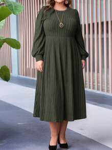 EMERY ROSE Plus Solid Lantern Green With Sleeves Sleeve Ribbed Knit Winter Dress - Army Green - View 3