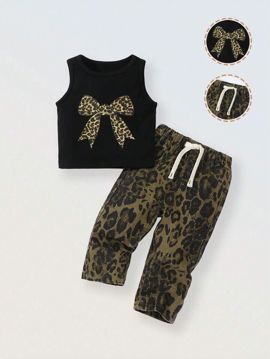 2-teiliges Set für Baby Mädchen: Lässiges vintage Leoprint Trägerhemd mit Schleifen-Dekor & einstellbare Ziehband Leopard Jeans-Hose - Verschiedenfarbig - Übersicht 1