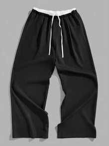 Forever 21 男士拼色休闲日常长裤，口袋自然阔腿长款黑色宽松，休闲日常装 - 黑色 - 查看 1