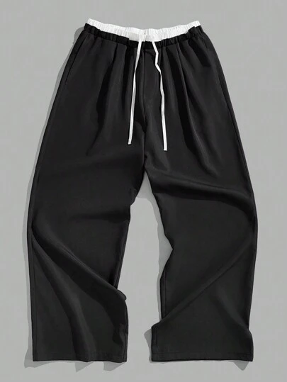 Forever 21 男士拼色休闲日常长裤，口袋自然阔腿长款黑色宽松，休闲日常装