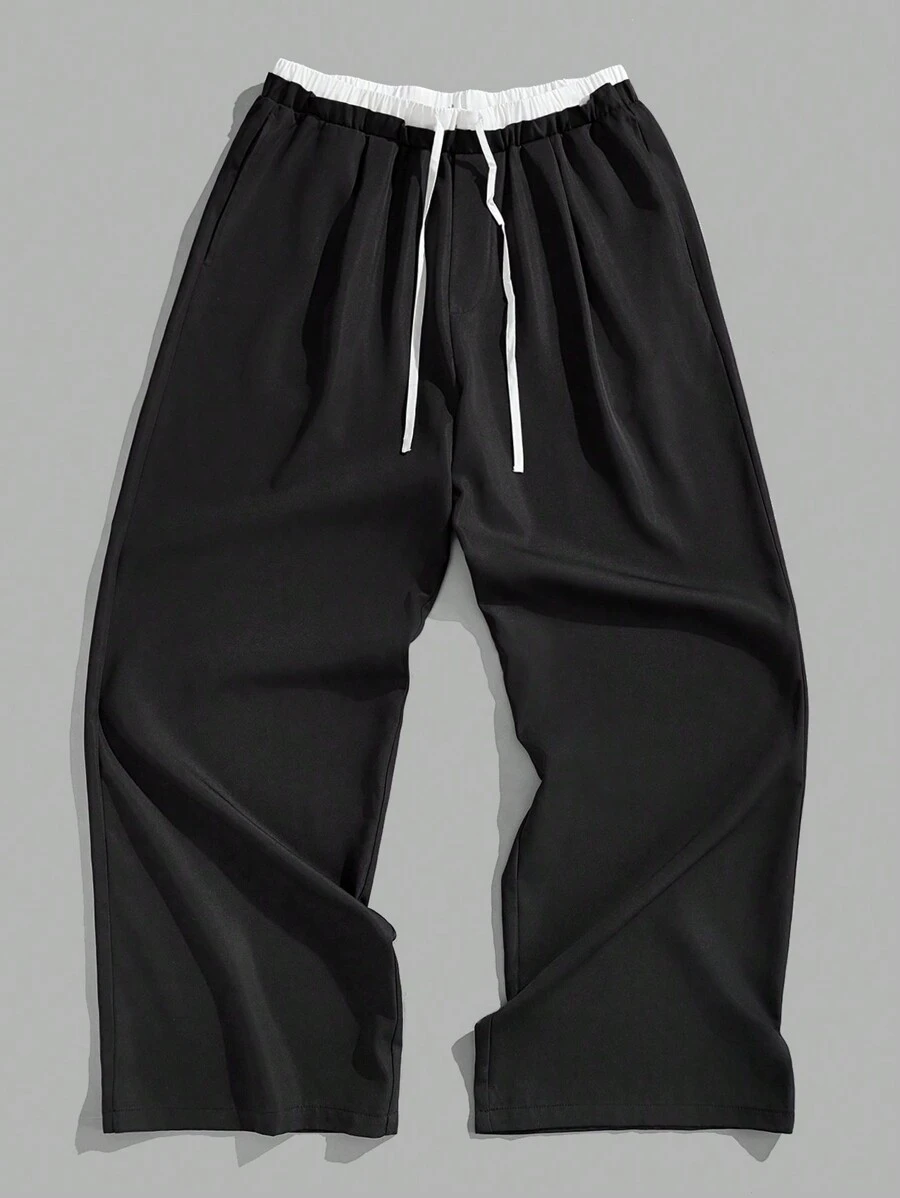 Forever 21 男士拼色休闲日常长裤,口袋自然阔腿长款黑色宽松,休闲日常装 - 黑色 - 查看 1