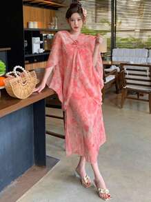 DAZY Women's Plant Allover Print Patchwork Pleated Midi Dress With Ditsy Floral Overlay Sundress Vacation Outfits Women - Pink - View 6