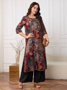 Lacomfia Asymmetrical Hemline Printed Shirt Dress, Round Neck, Spring/Summer - Multicolor - View 5