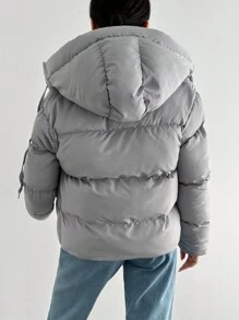 EURMUSE Women Front Zipper Long Sleeve Pocket Simple Design Hooded Winter Jacket - Light Grey - View 2