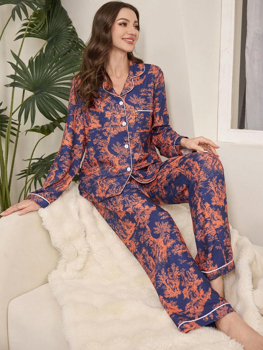 LuxeNights Allover Print Turndown Collar Long Sleeve Top & Pants Pajama Set, Fall Winter Clothes - Multicolor - View 1