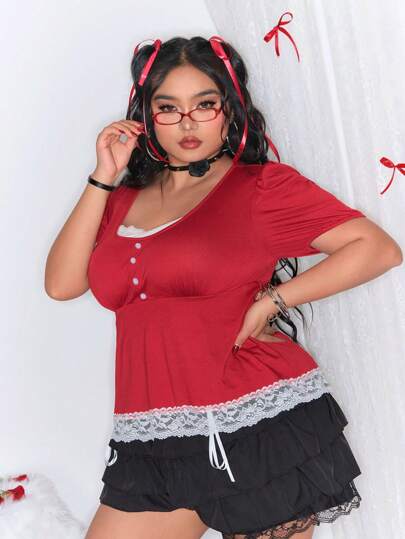 Kawaii Camiseta de muñeca con dobladillo adorable y dulce en talla grande para el verano