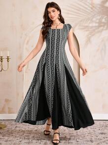 Al Najma Women's Geometric Print Square Neck Dolman Sleeve Elegant Arabic Style Dress, Arabian Dresses