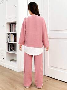 SHEIN Teen Girl Pink, Leisure Travel, Spring And Summer, Holidays, Homecoming,Casual Knit Patchwork, Woven Mark,Round Neck Long Sleeve Top Set,Back To School Graduation Outfit - Pink - View 2
