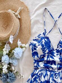 Soleia 女士度假风格蓝白花卉印花深 V 领露背蝴蝶结后背荷叶边下摆连衣裙，适合婚礼、毕业典礼、返校、可爱午餐、性感单身派对、夏季 - 藍白色 - 查看 4