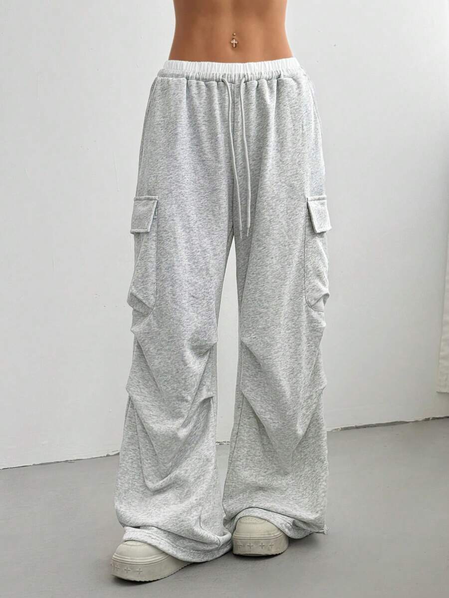 SHEIN EZwear Women's Solid Color Patchwork Front Tie Pocket Simple Casual Sweatpants - Grey - View 1
