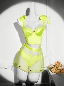 SHEIN 3pcs Sexy Satin Patchwork Underwire Lingerie Set - fluorescent green - View 1