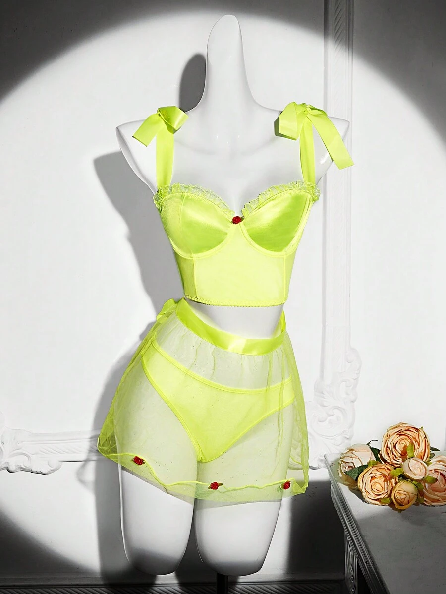 SHEIN 3pcs Sexy Satin Patchwork Underwire Lingerie Set - fluorescent green - View 1