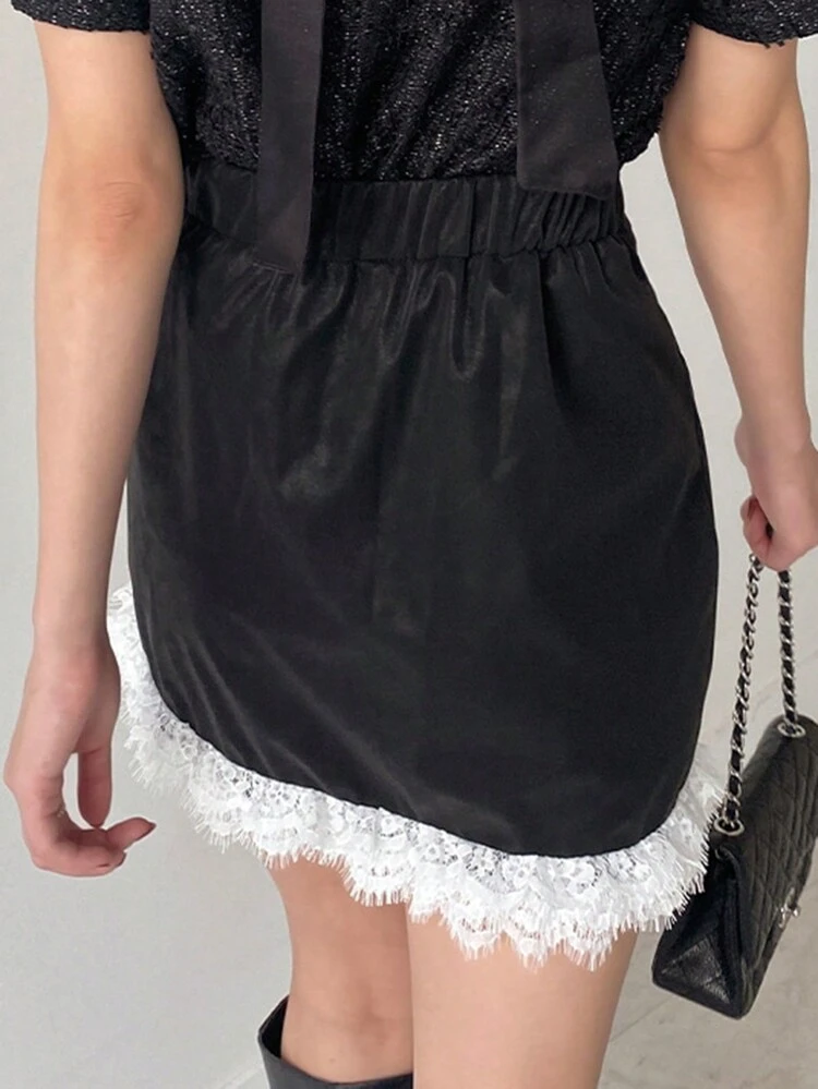 Women's Contrast Lace Bodycon Mini Skirt, Black, All Season Fall Skirts Leather Skirts